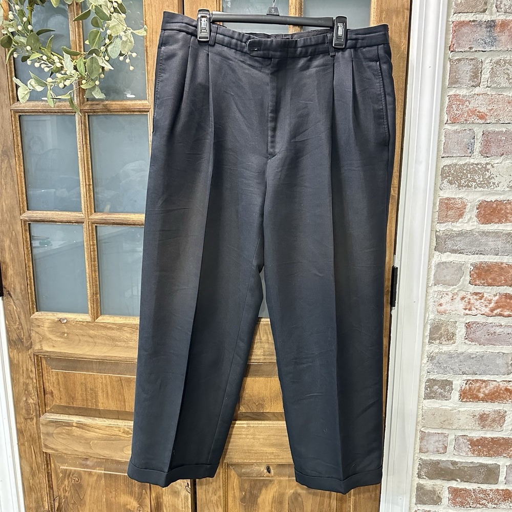 Bugatchi Dress Pants Men 38 Black Double Pleated Cuffed Wool Blend Trousers